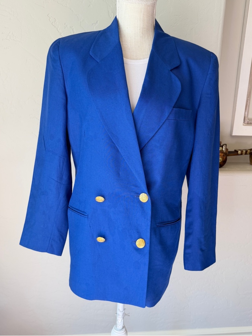 Talbots Women's Vintage Bright Navy Royal Blue Linen Double Breasted Jacket Sz 8